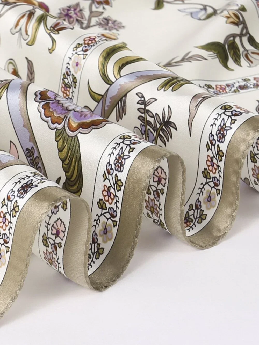 100% Silk Scarves, Extra-Large, Beanstalk, Creme With Taupe Trim